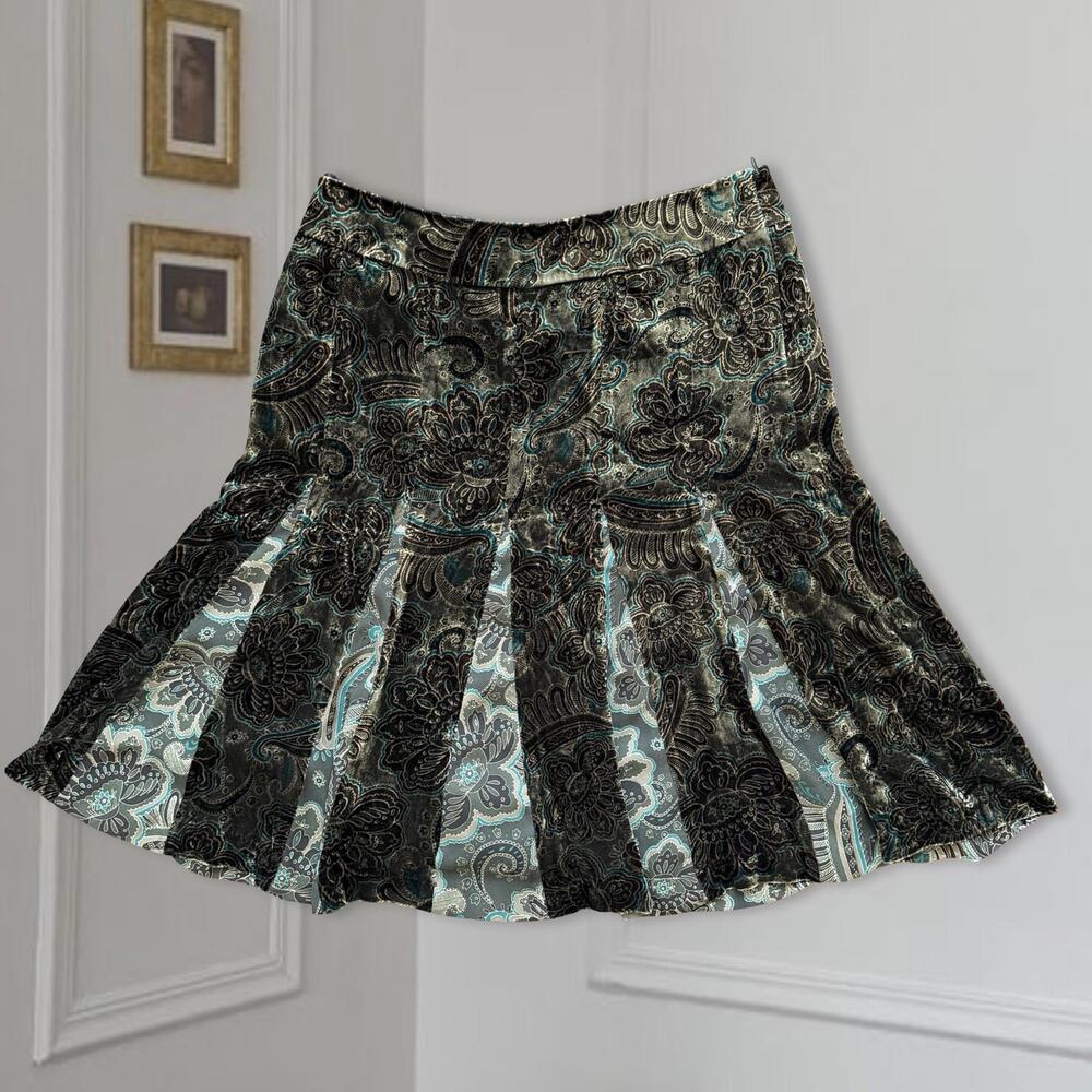 Teal and Brown Velvet Paisley Pleated Skirt